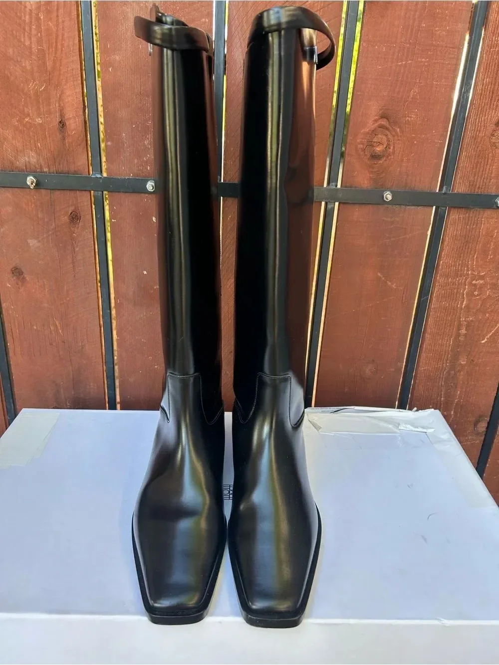 NEW Toteme Leather Riding Boot Square Toe Pull On Shiny Black 41EU